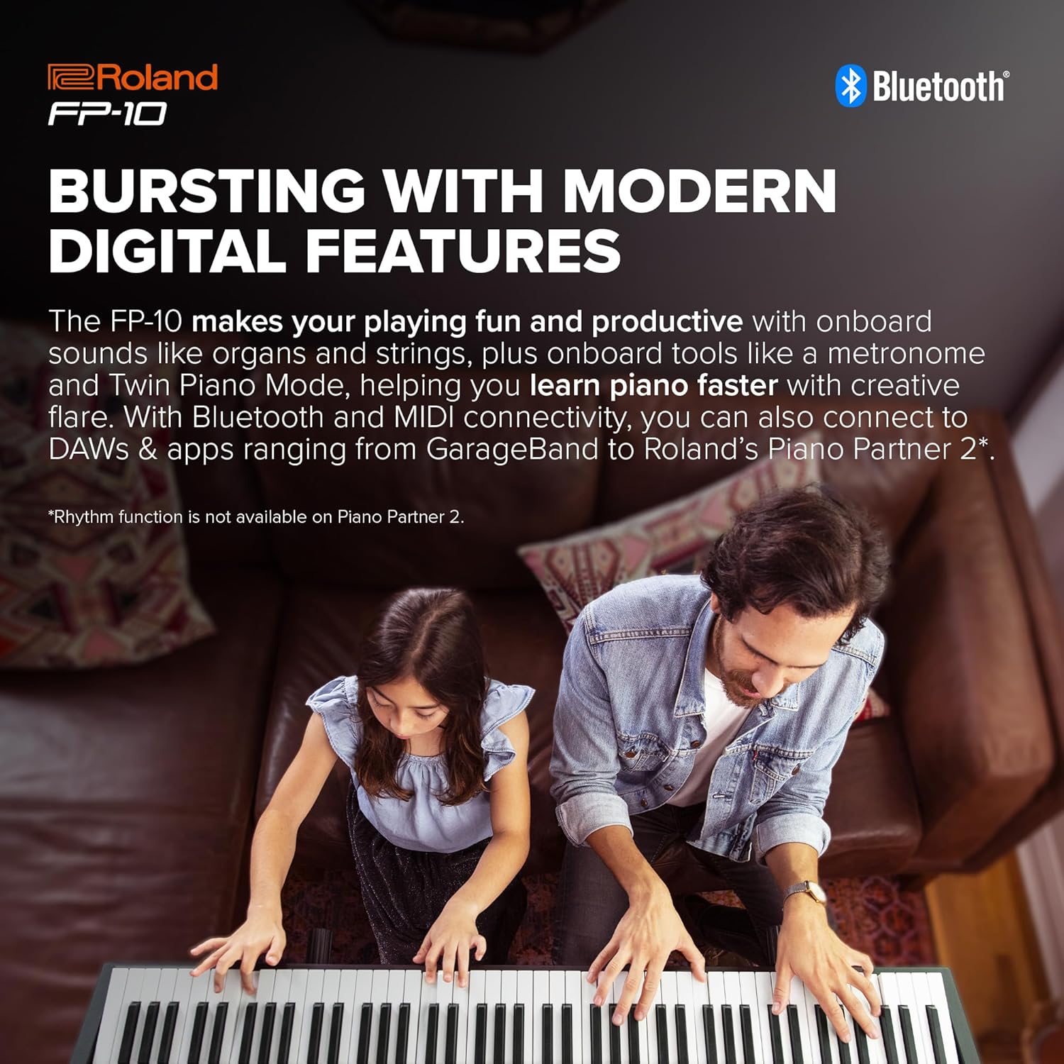 Roland FP-10 BK com recursos digitais, Bluetooth e ferramentas para aprendizado de piano.