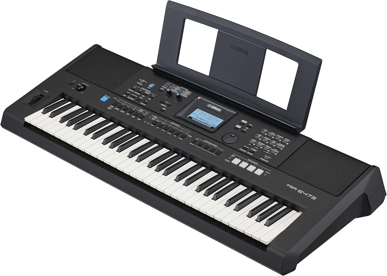 Teclado Yamaha PSR E473 61 teclas preto com painel digital e suporte para partituras