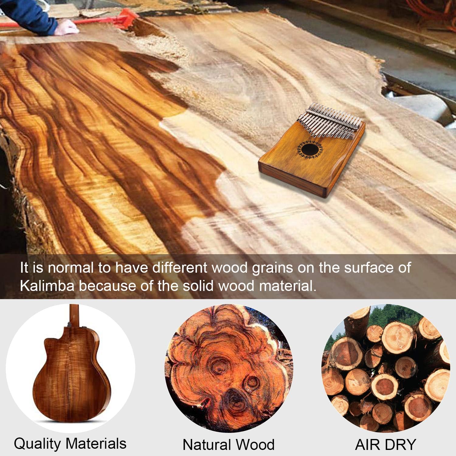 Madeira natural sólida com veios variados usada na fabricação da Kalimba Newlam, destacando qualidade e secagem ao ar.