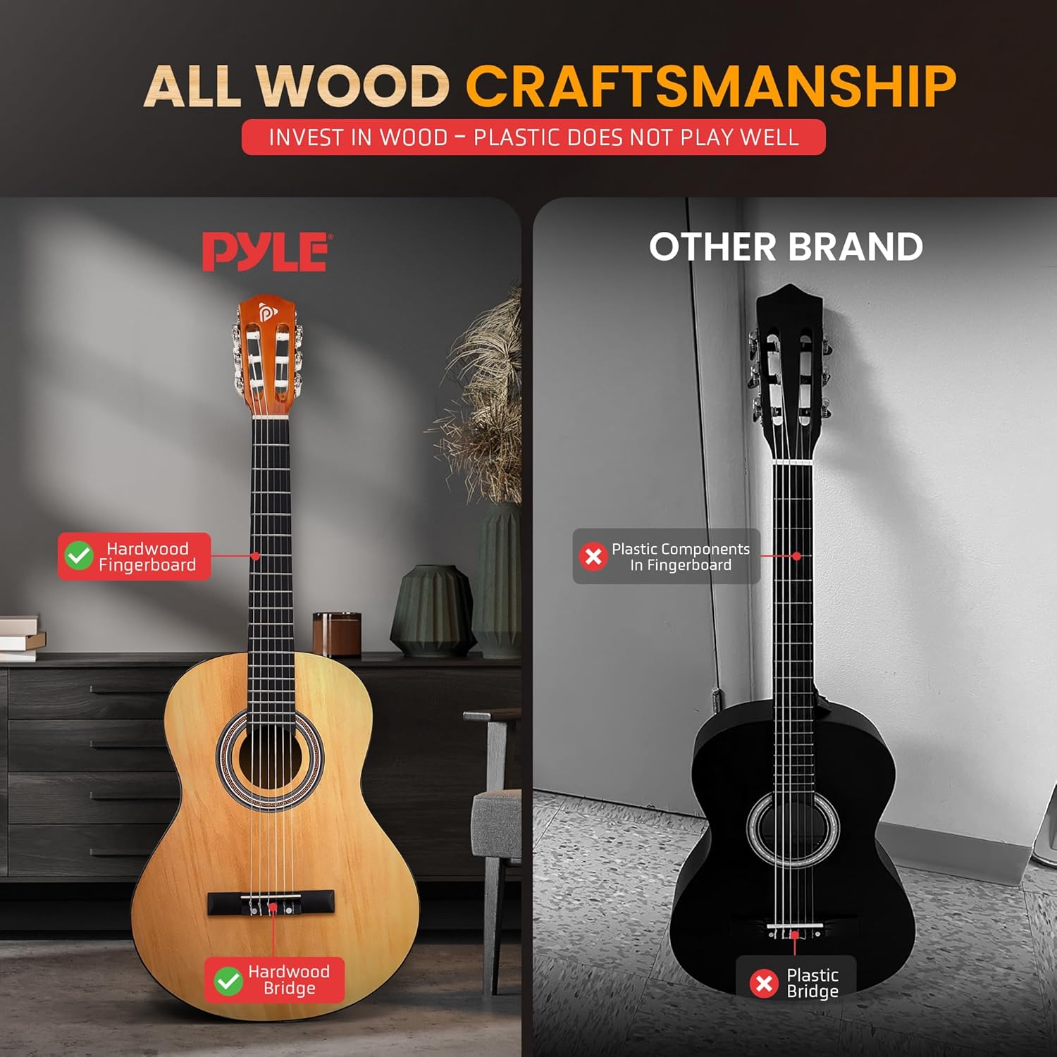 Comparação mostrando construção de madeira da guitarra Pyle versus componentes plásticos em outra marca.
