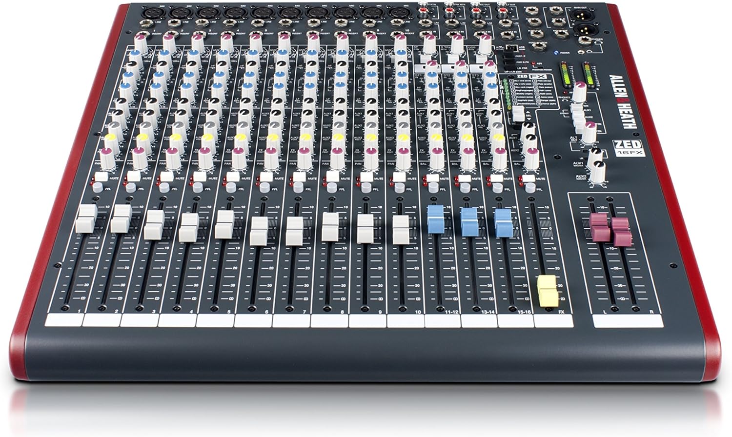 Mesa de som analógica Allen & Heath Zed-16Fx com 16 canais, vista frontal em ângulo mostrando controles e entradas.