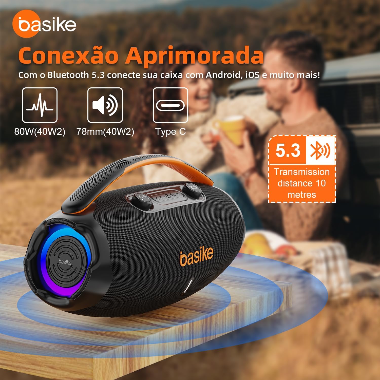 Caixa de som Bluetooth Basike com conexão aprimorada Bluetooth 5.3 e potência 80W