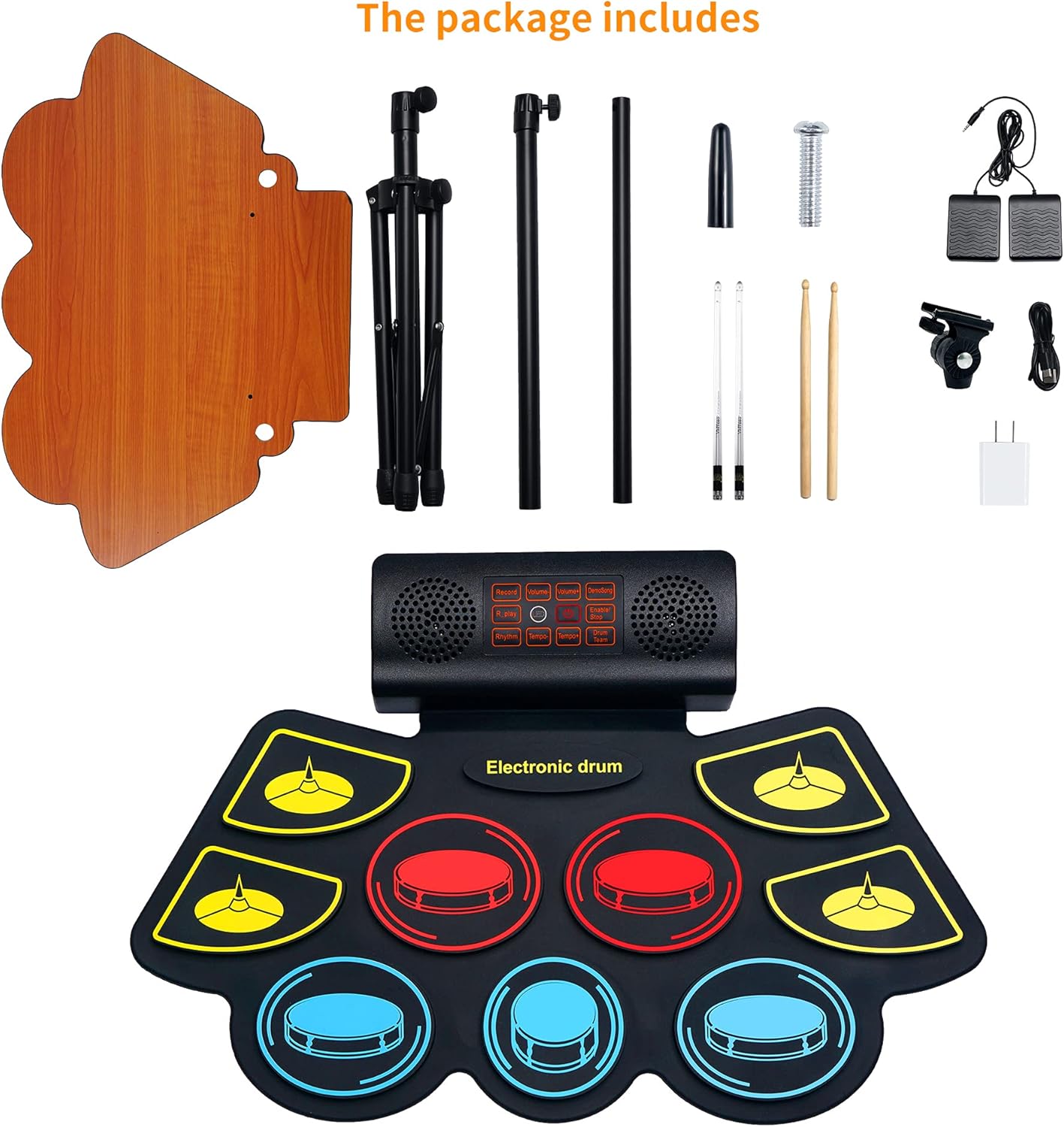 Pacote completo do conjunto de bateria eletrônica Vhffoso com acessórios, pedais, baquetas e suporte.