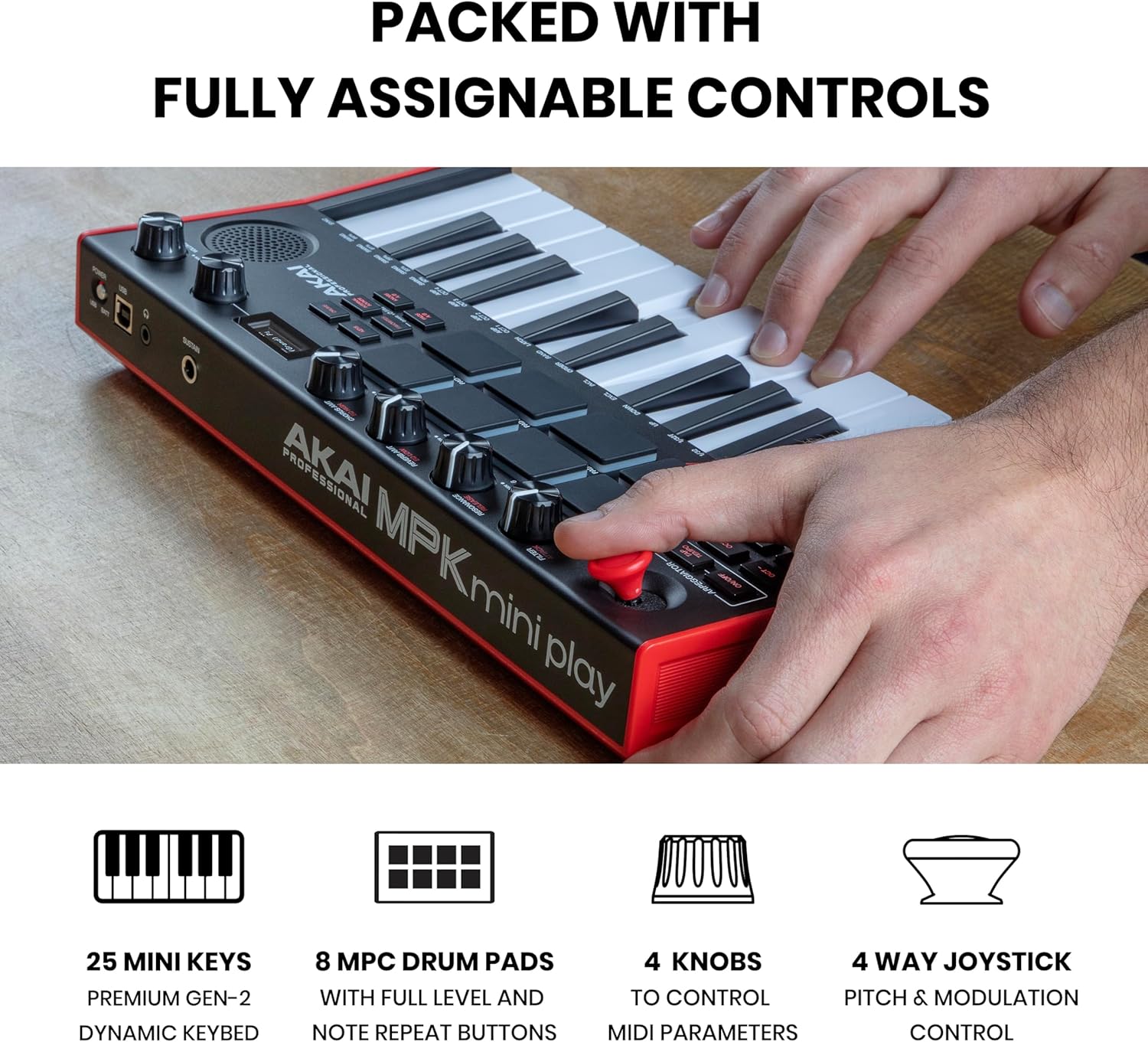 Teclado Akai MPK Mini Play MK3 com 25 teclas, 8 pads, 4 botões giratórios e joystick vermelho em uso.