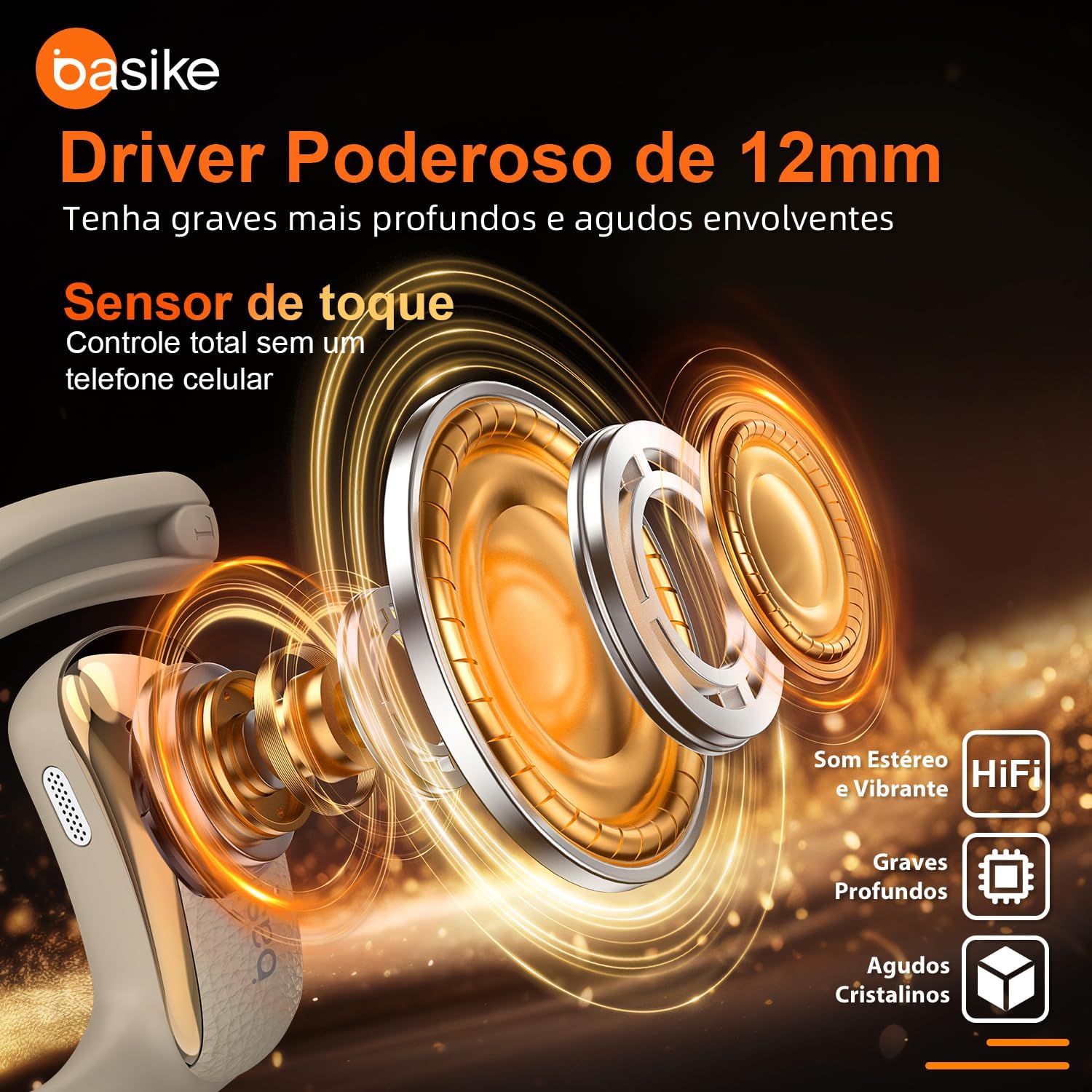 Fone Bluetooth Basike FON249 com driver poderoso de 12mm e sensor de toque para controle.