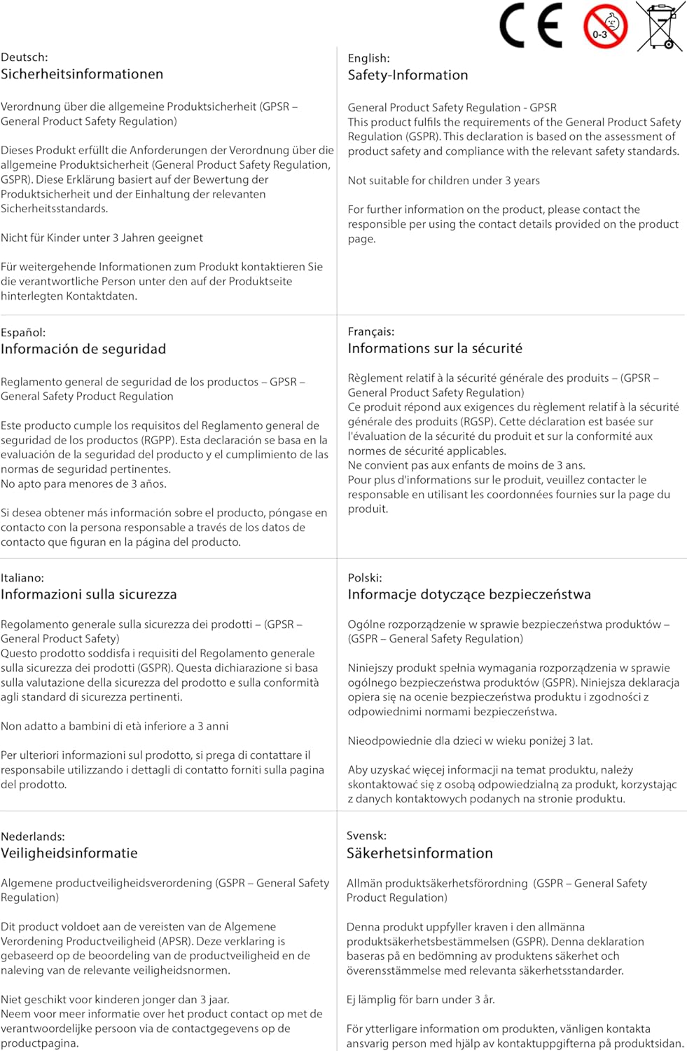 Informações de segurança do Schlagwerk CP550 Cajon em vários idiomas, aviso de não recomendado para menores de 3 anos.