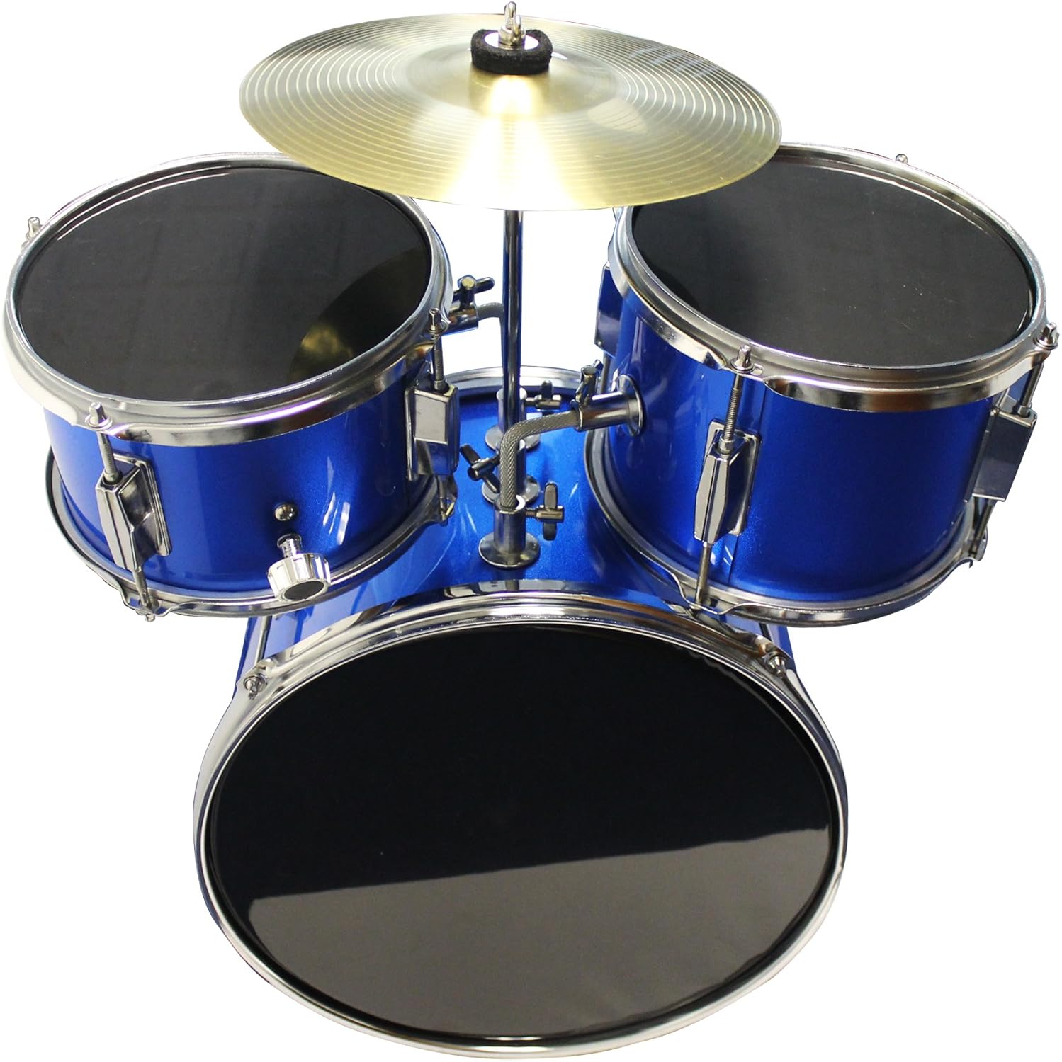 Vista aérea da bateria infantil Music Alley azul com prato metálico e suporte cromado