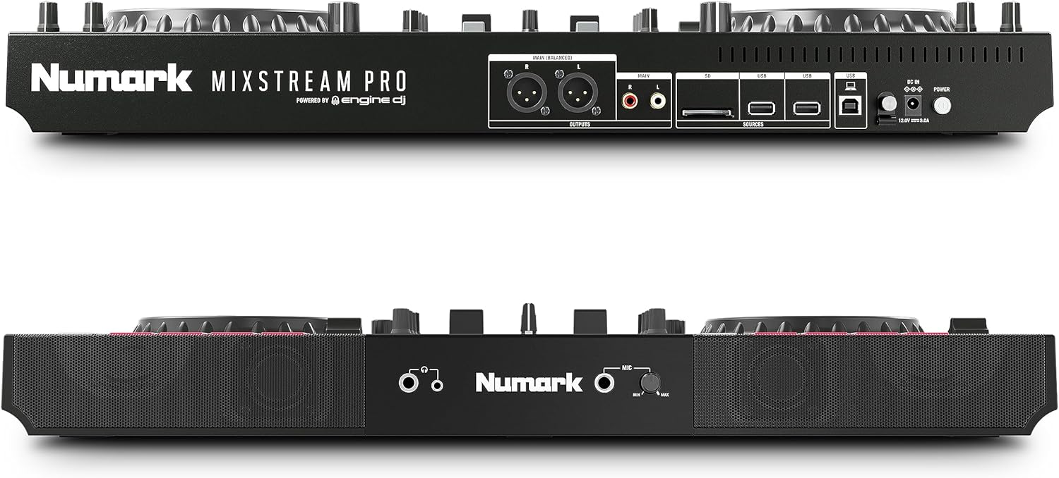 Parte traseira e frontal do controlador DJ Numark Mixstream Pro mostrando conexões, entradas e alto-falantes embutidos