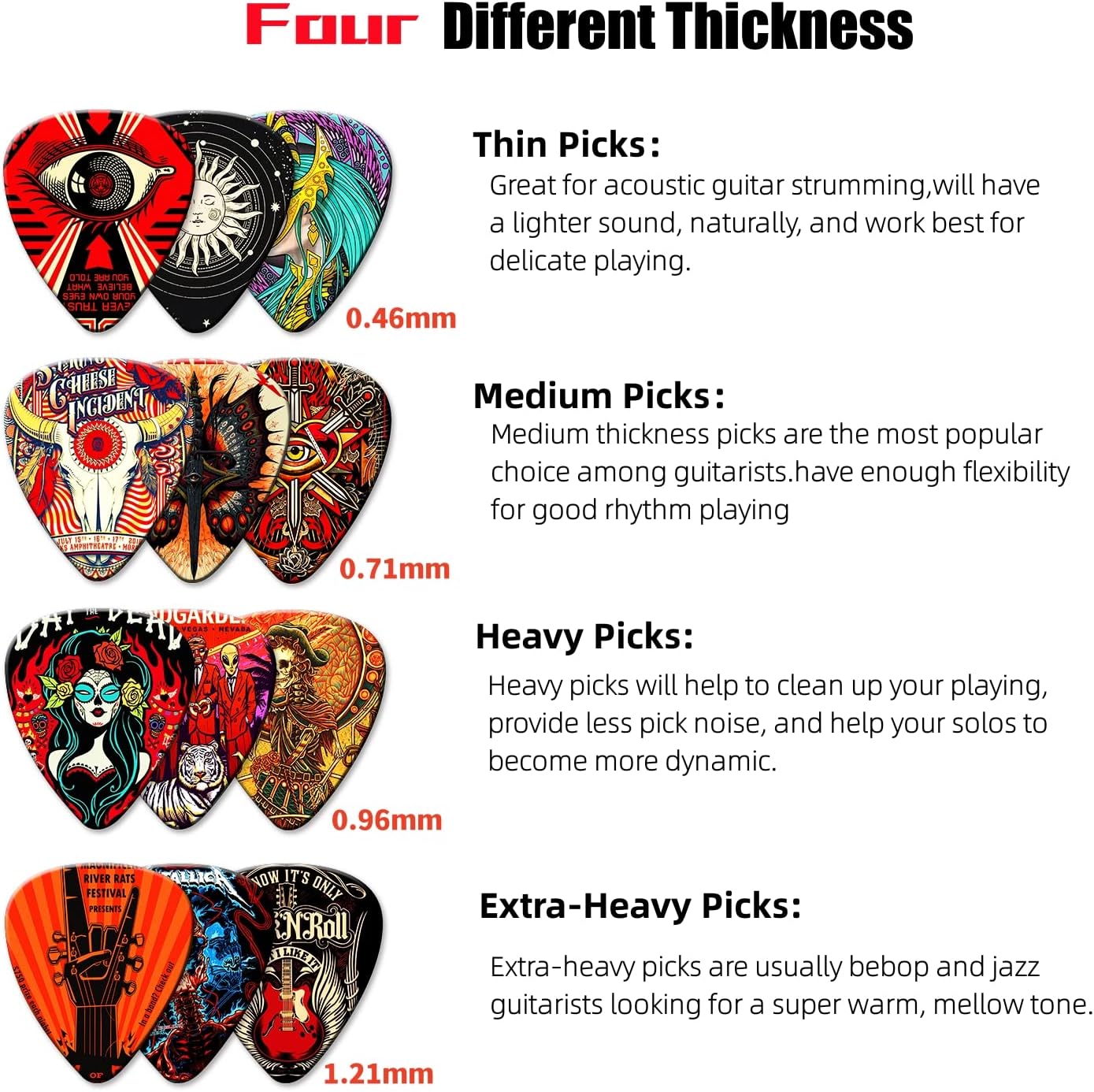 Palhetas para guitarra com quatro espessuras diferentes e explicações sobre suas características e usos.