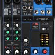Misturador estéreo compacto Yamaha MG06 com 6 entradas e pré-amplificadores Classe A D-PRE, controles de ganho, equalização e phantom power.
