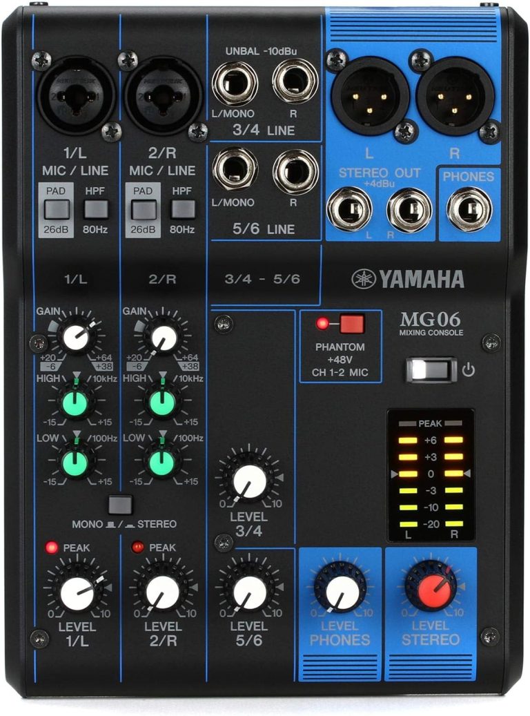 Misturador estéreo compacto Yamaha MG06 com 6 entradas e pré-amplificadores Classe A D-PRE, controles de ganho, equalização e phantom power.