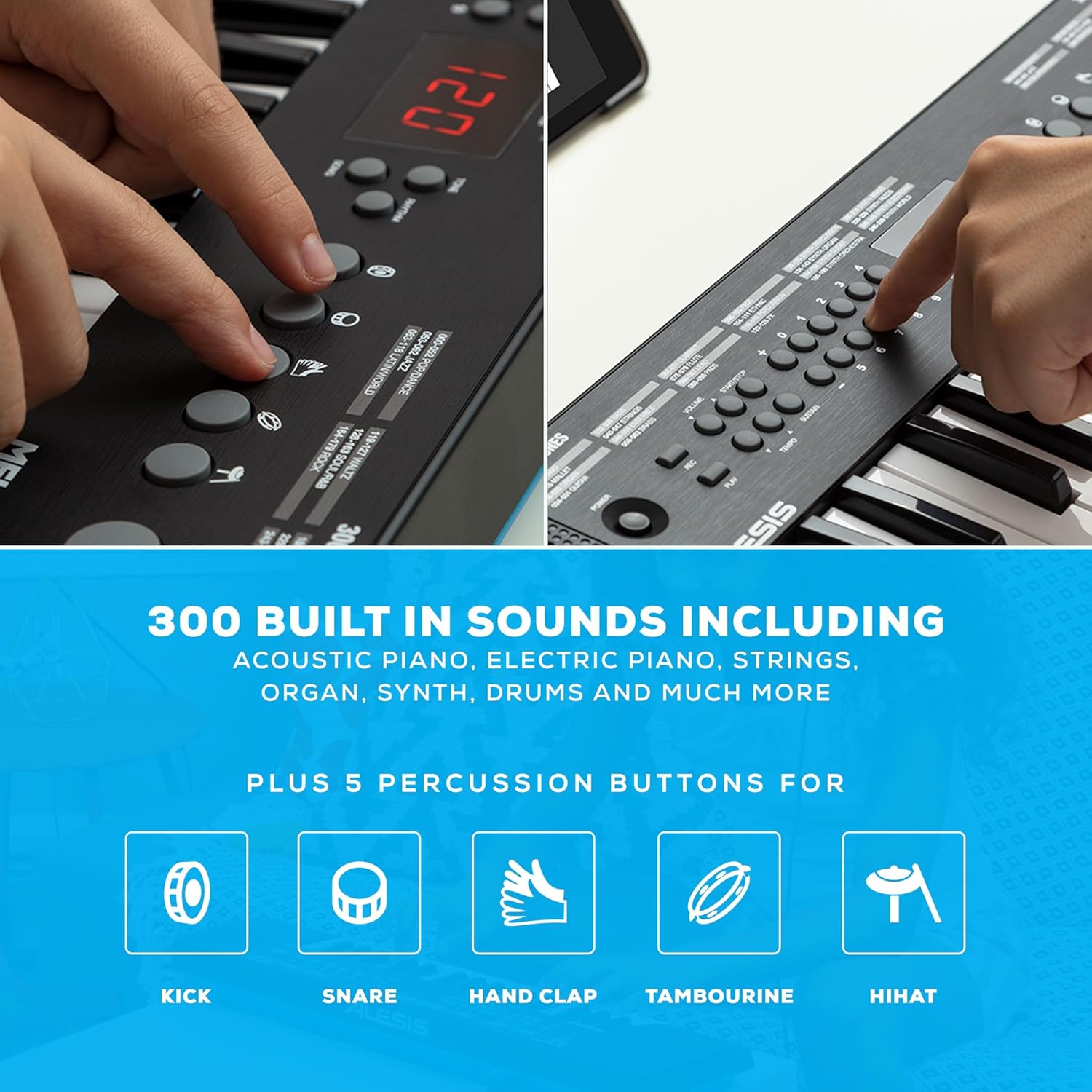 Painel de controle do teclado Alesis Melody 32 com 300 sons integrados e 5 botões de percussão