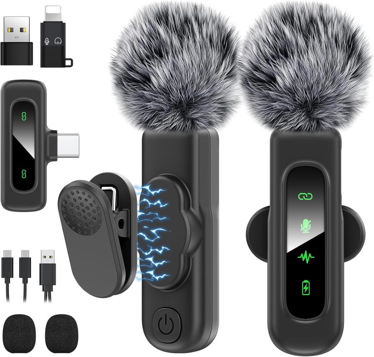 Microfone de lapela sem fio HEHOTTC USB C com clipe magnético, com acessórios e cabo de carregamento, em fundo branco.