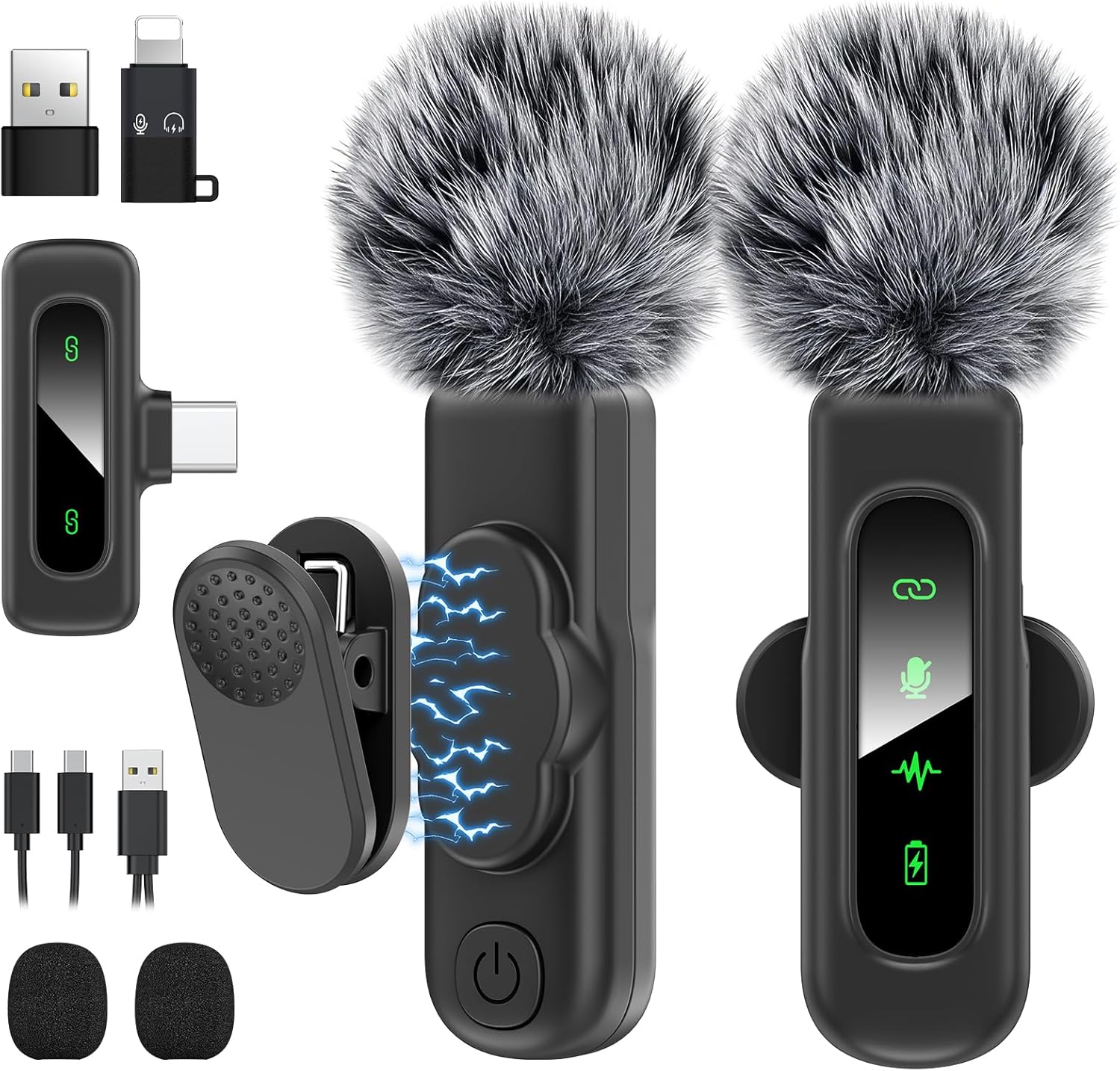 Microfone de lapela sem fio HEHOTTC USB C com clipe magnético, com acessórios e cabo de carregamento, em fundo branco.