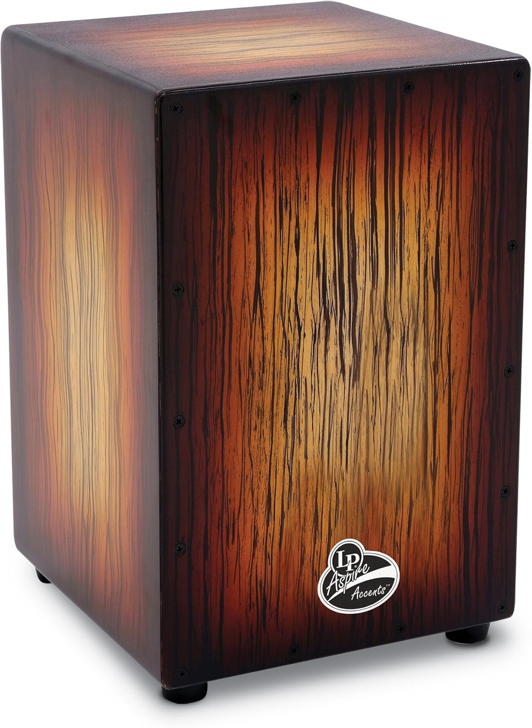 Cajon Latin Percussion LPA1332-SBS com acabamento Sunburst Streak, padrão madeira listrada em tons amarelo, vermelho e marrom.