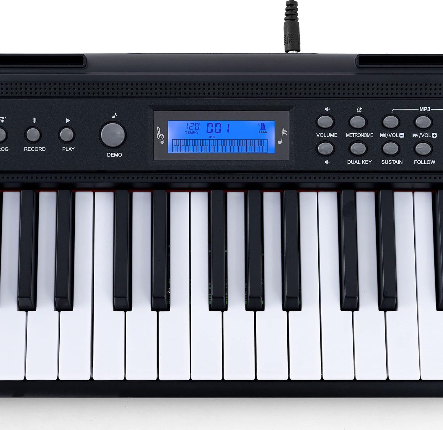 Painel de controle do teclado Kobe KB-300 com display azul e botões para várias funções, teclas brancas e pretas.