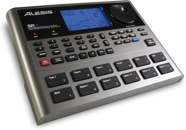 Alesis SR-18 bateria eletrônica portátil com display e botões para controle de sons e efeitos digitais