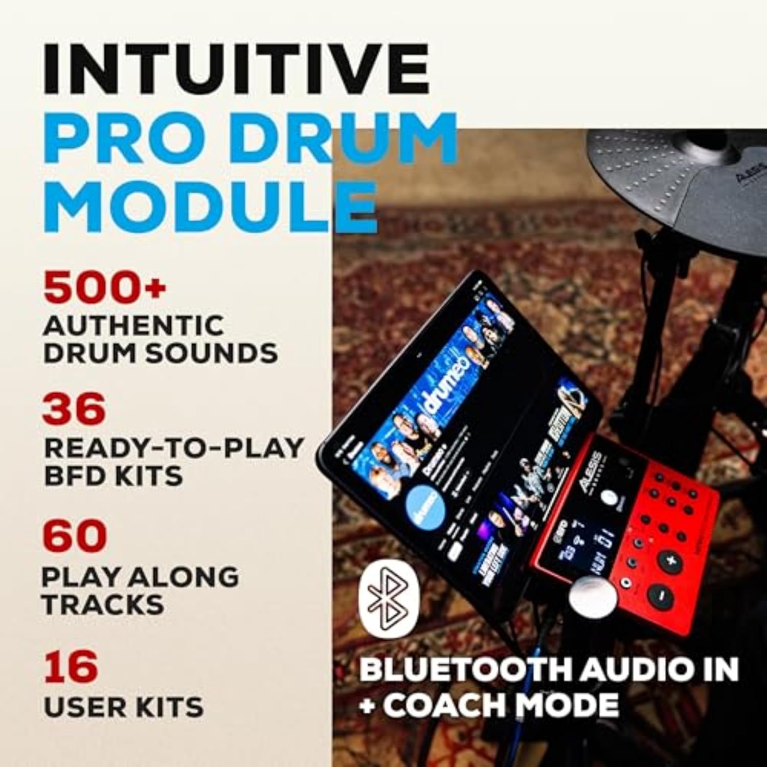 Módulo de bateria Alesis Nitro Pro com tablet conectado via Bluetooth e especificações de sons e kits.