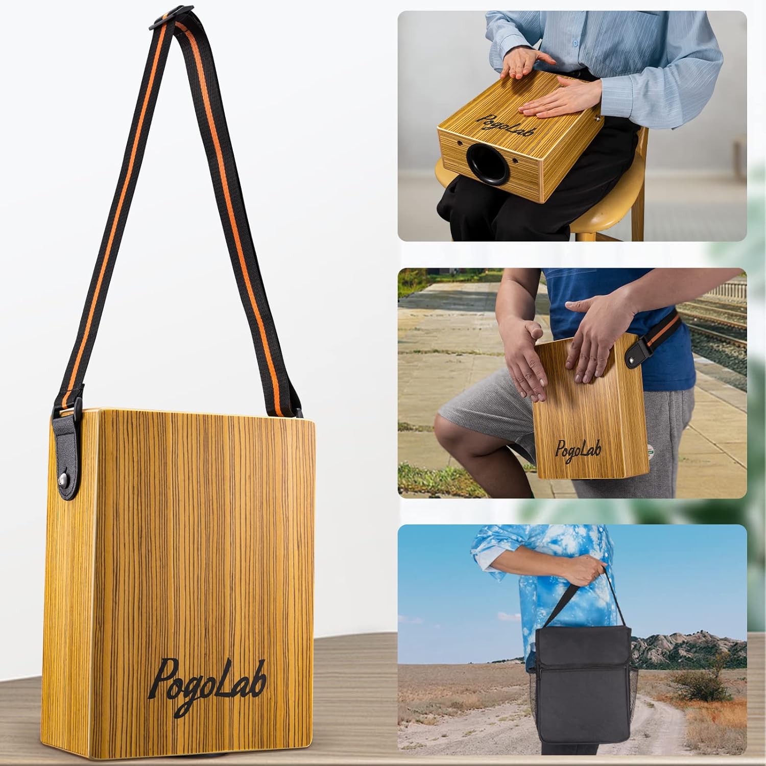 Caixa-cajon portátil POGOLAB em madeira com alça preta e laranja, mostrando uso e bolsa.