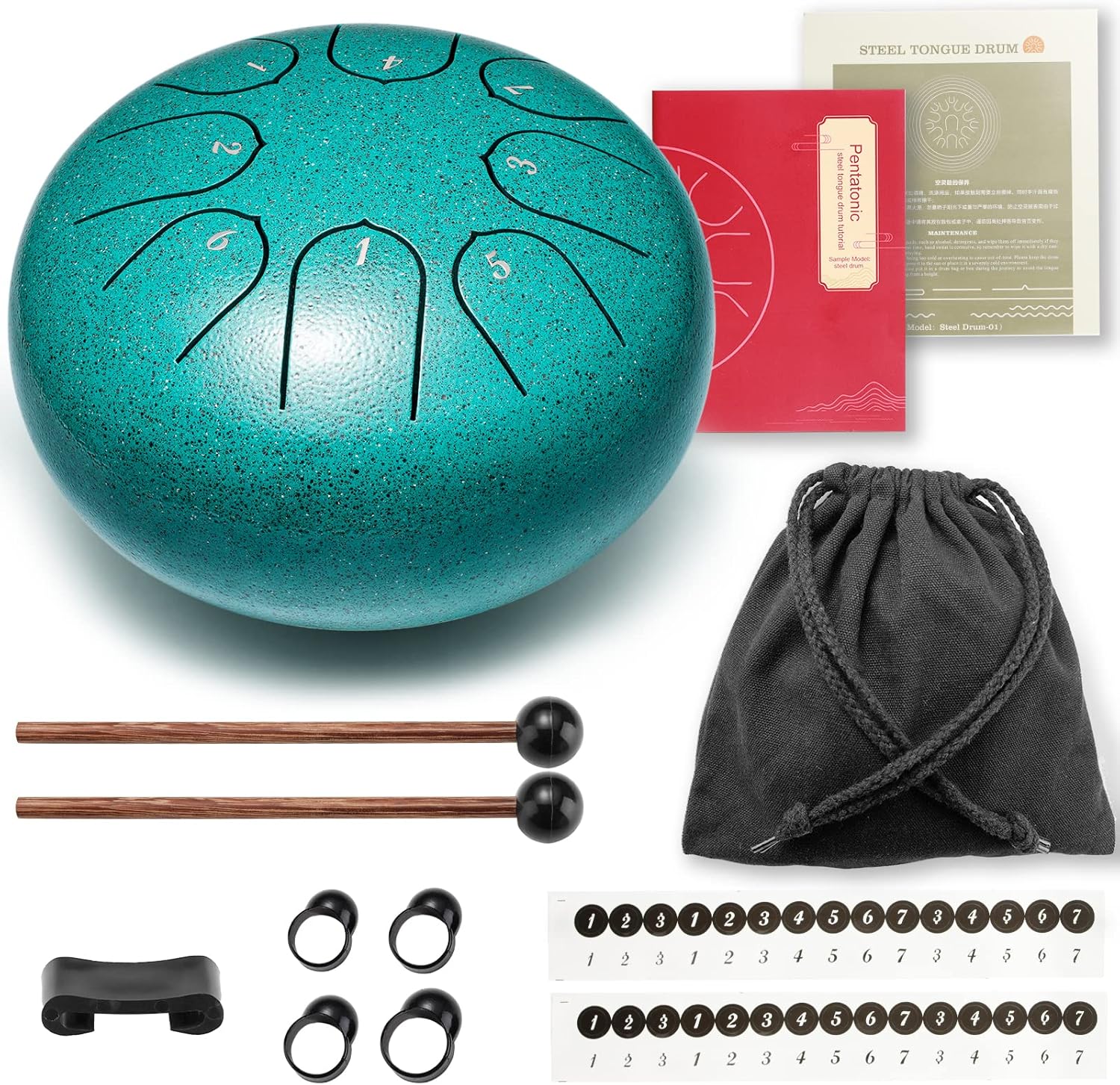 Conjunto completo tambor língua aço carbono verde água com acessórios e manuais