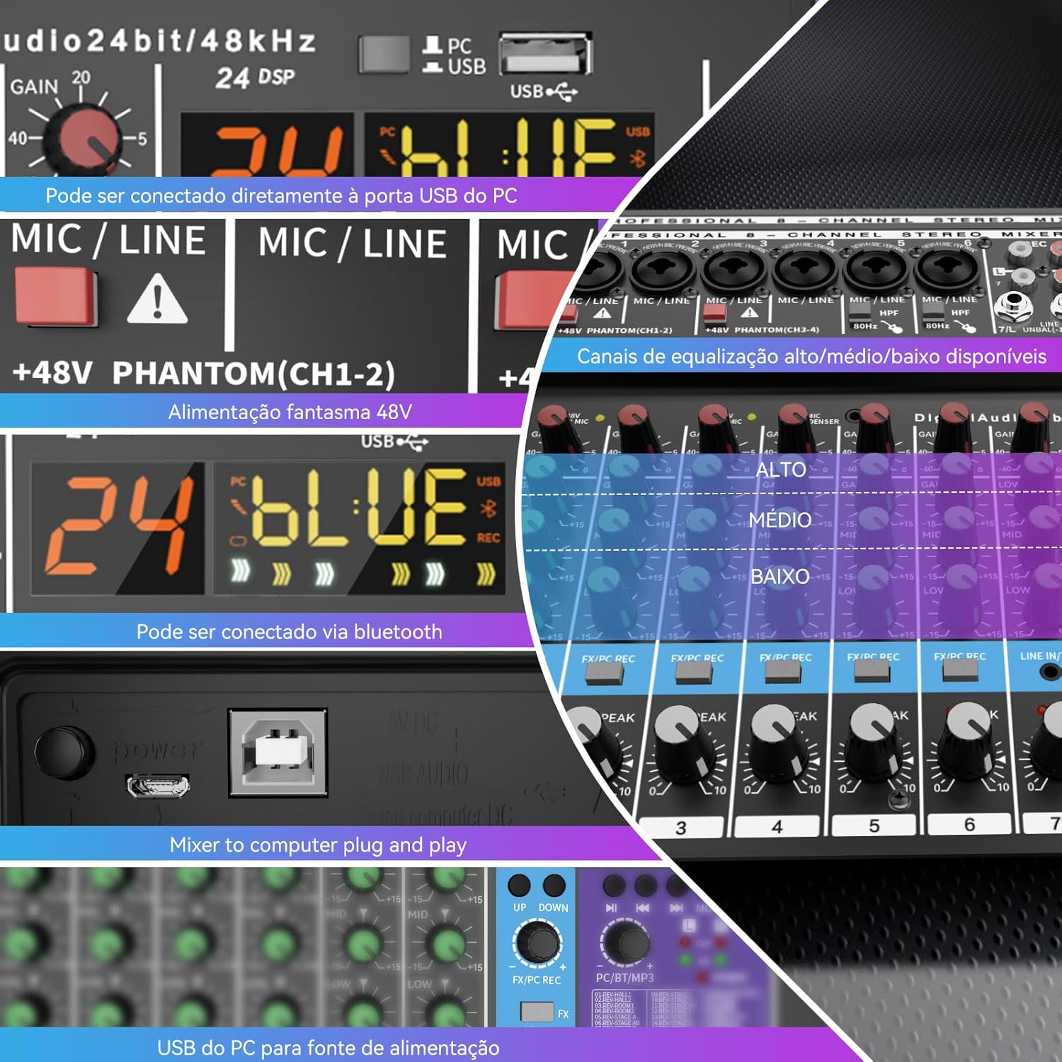 Mixer ANVAR TEYUN A8 com entrada USB, Bluetooth, phantom 48V e controle DSP