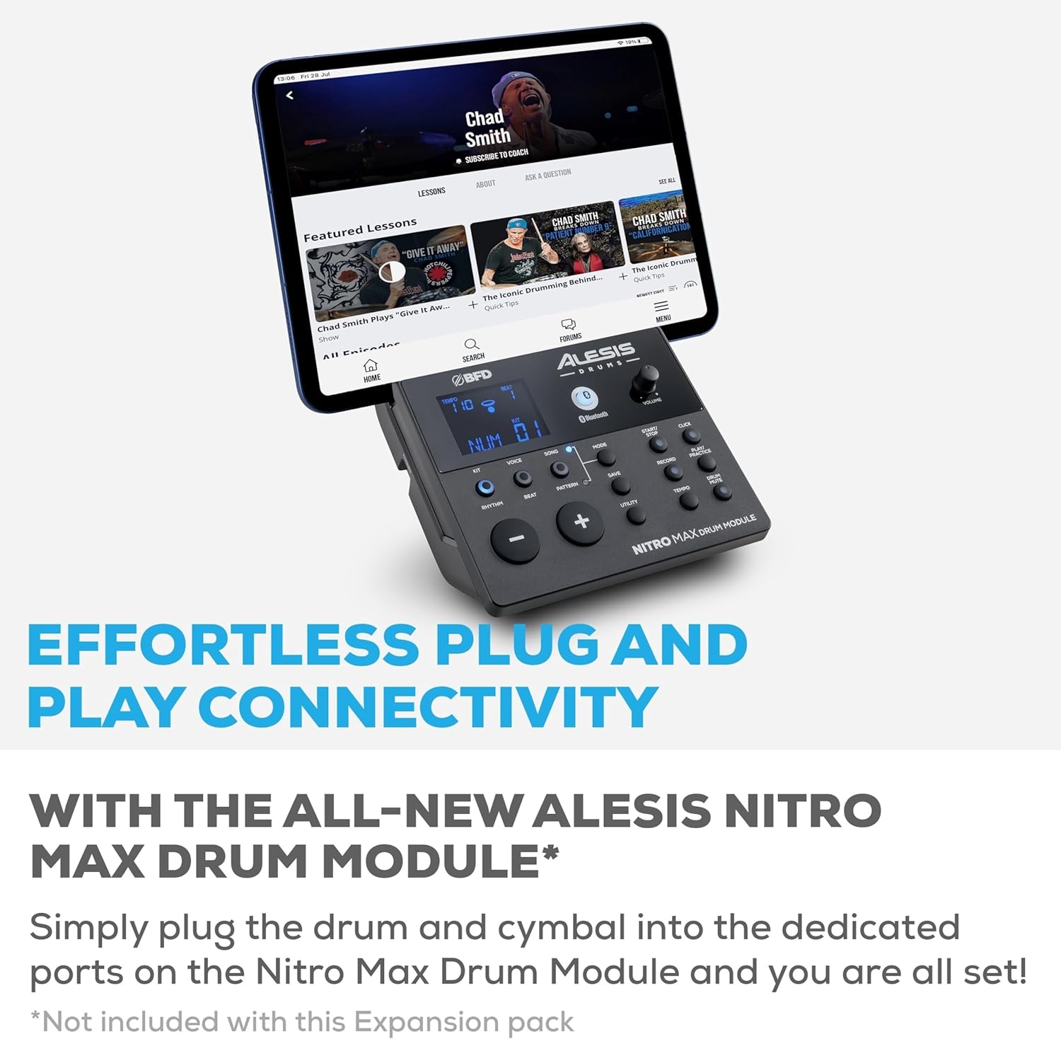 Módulo de bateria Alesis Nitro Max com conectividade Bluetooth e suporte para tablet.