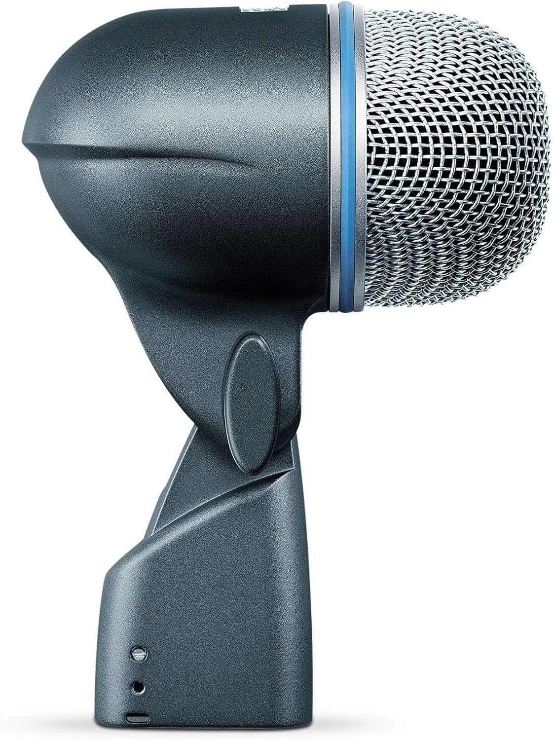 Microfone Shure BETA 52A dinâmico supercardióide para bateria, corpo cinza metálico com grade prateada e anel azul claro.
