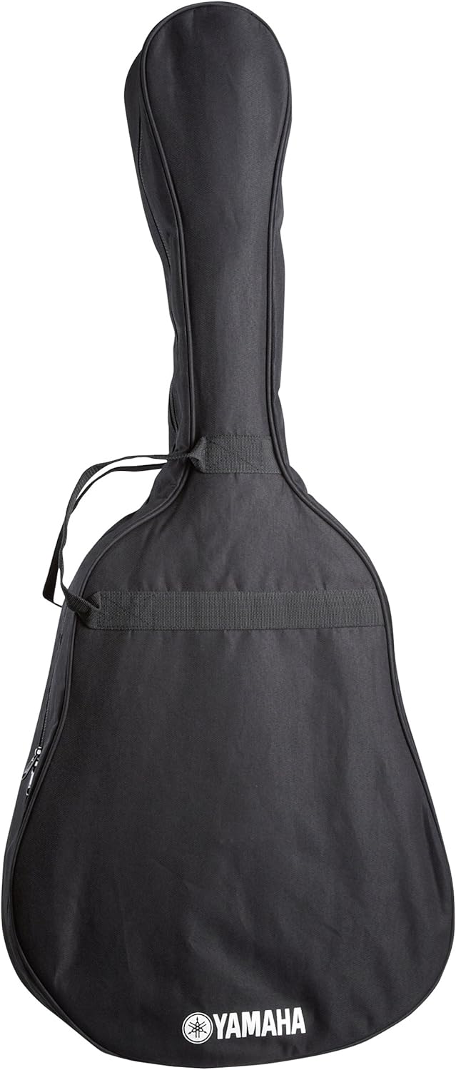 Capa preta acolchoada para violão acústico Yamaha com alças para transporte e logo Yamaha branco.
