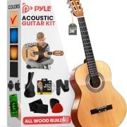 Kit de guitarra acústica Pyle 3/4 tamanho com acessórios e sintonizador digital, acabamento madeira clara.