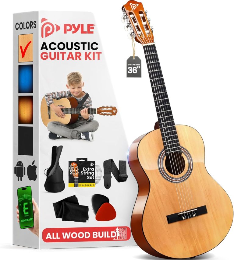Kit de guitarra acústica Pyle 3/4 tamanho com acessórios e sintonizador digital, acabamento madeira clara.