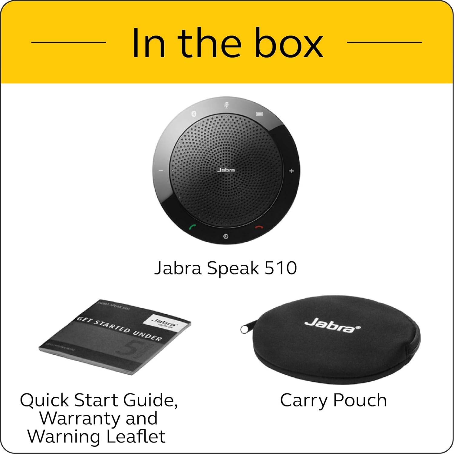 Conteúdo da caixa do Jabra Speak 510: dispositivo, guia rápido, garantia, folheto e bolsa de transporte preta.