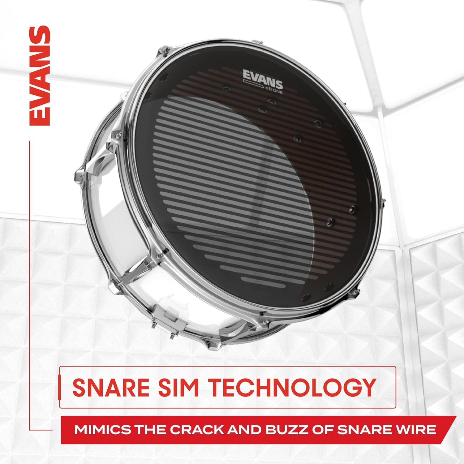 Pele para caixa de bateria Evans BD20DB1 com tecnologia Snare Sim que imita o som do arame.