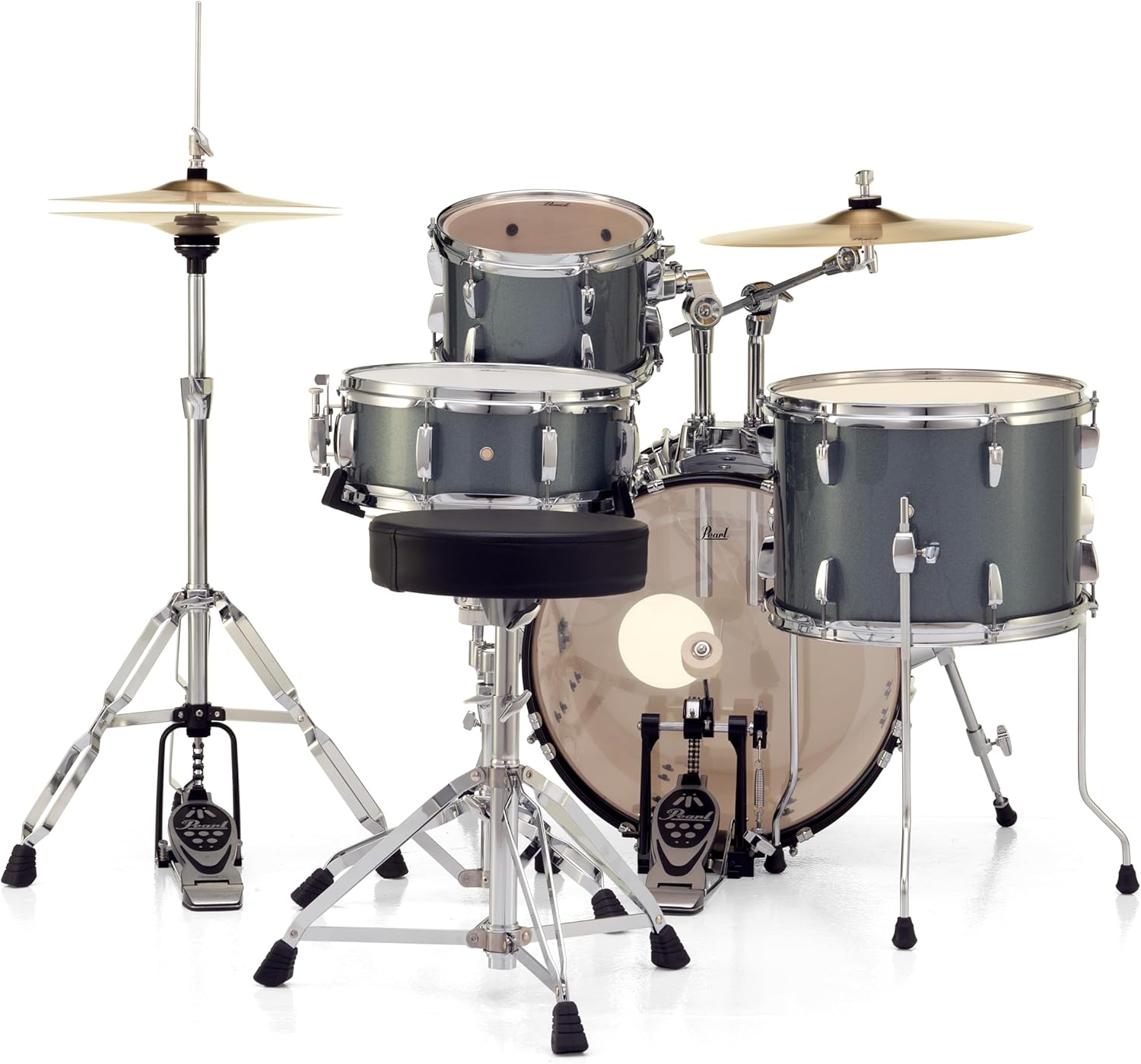 Kit bateria acústica Pearl Roadshow RS584C carvão metálico com ferragens cromadas e banco acolchoado