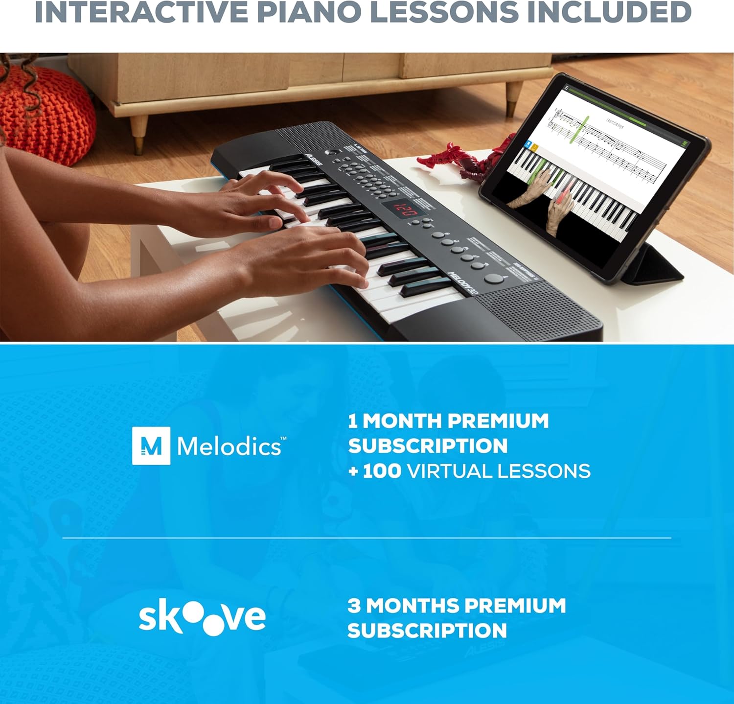 Teclado Alesis Melody 32 com lições interativas de piano via tablet, assinaturas educativas inclusas
