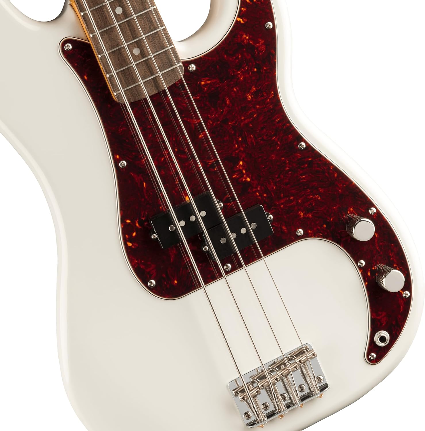 Detalhe do corpo do contrabaixo Squier Classic Vibe '60s Precision Bass branco vintage