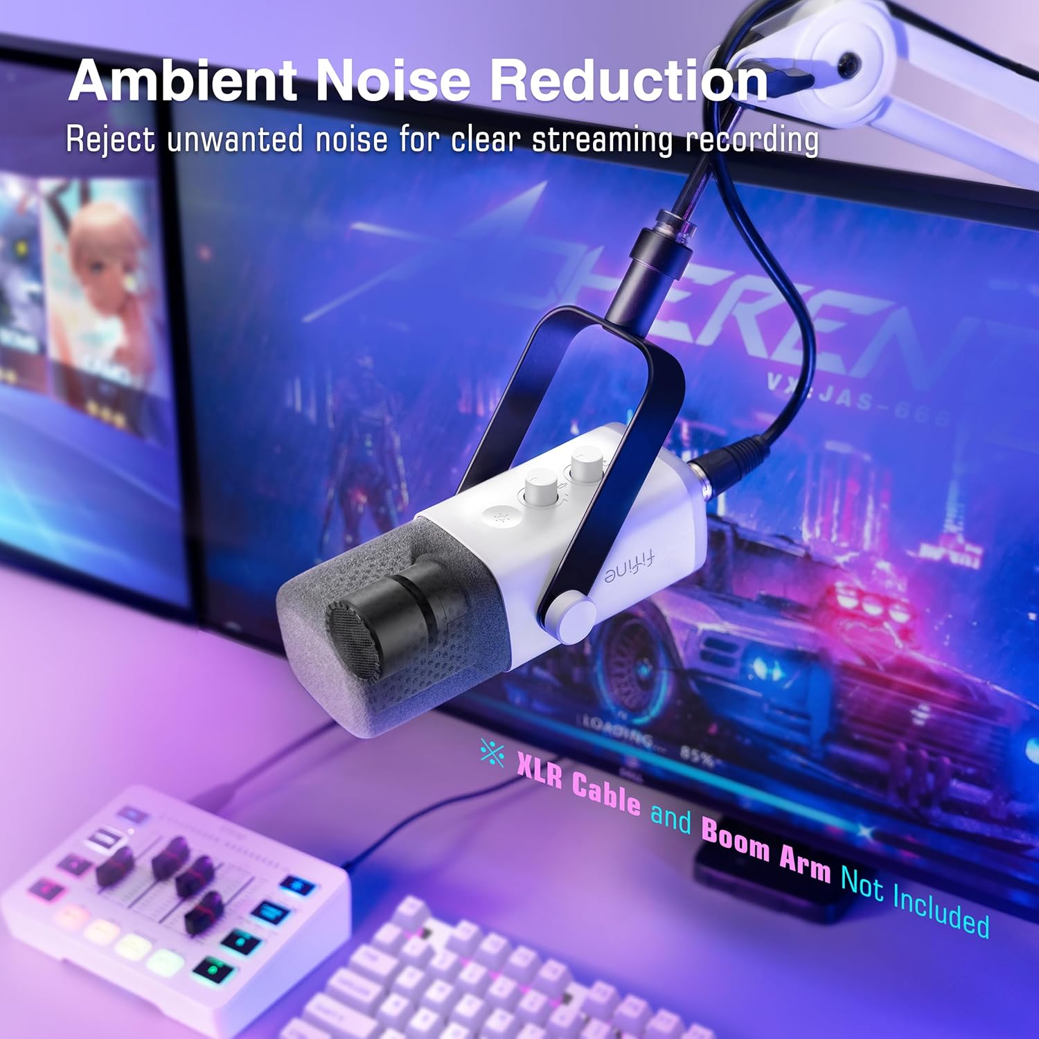 Microfone FIFINE AM8 branco com redução de ruído ambiente, ideal para streaming, cabo XLR e boom arm não inclusos