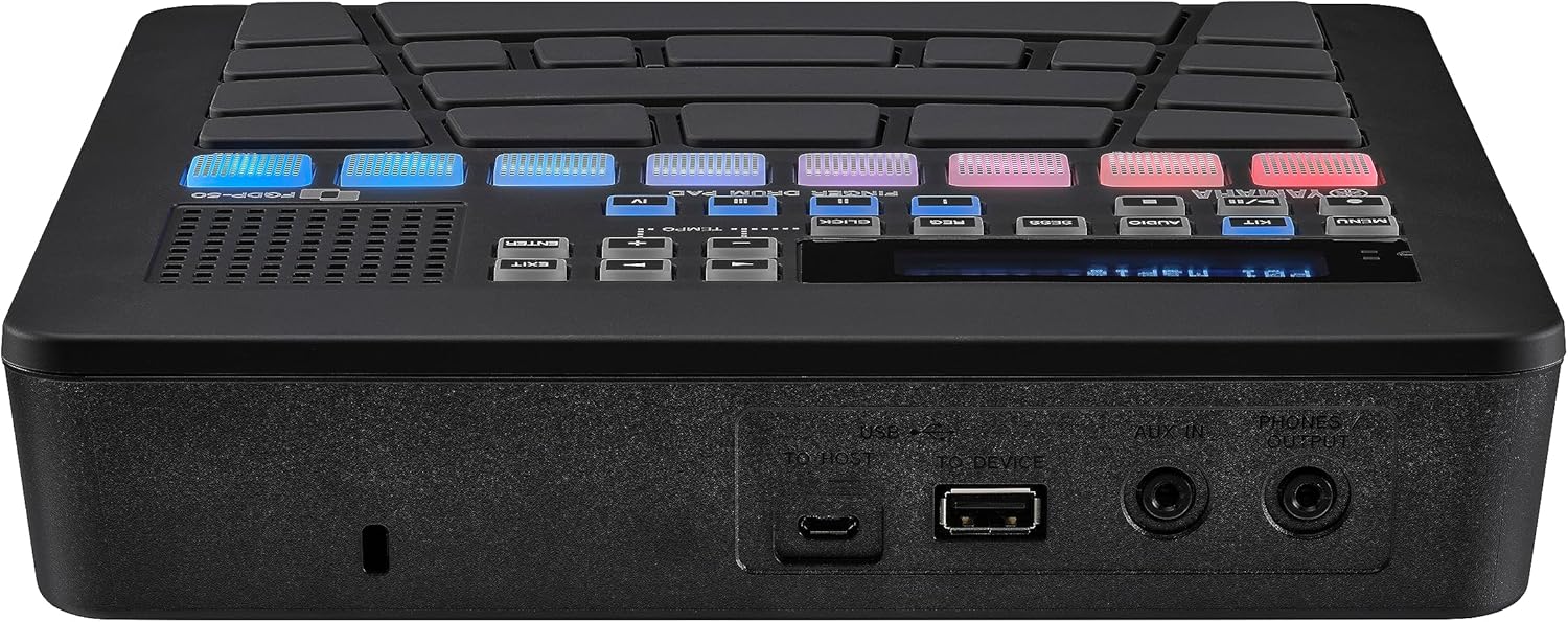 Vista traseira da bateria eletrônica portátil Yamaha FGDP-50 mostrando conexões USB e áudio.