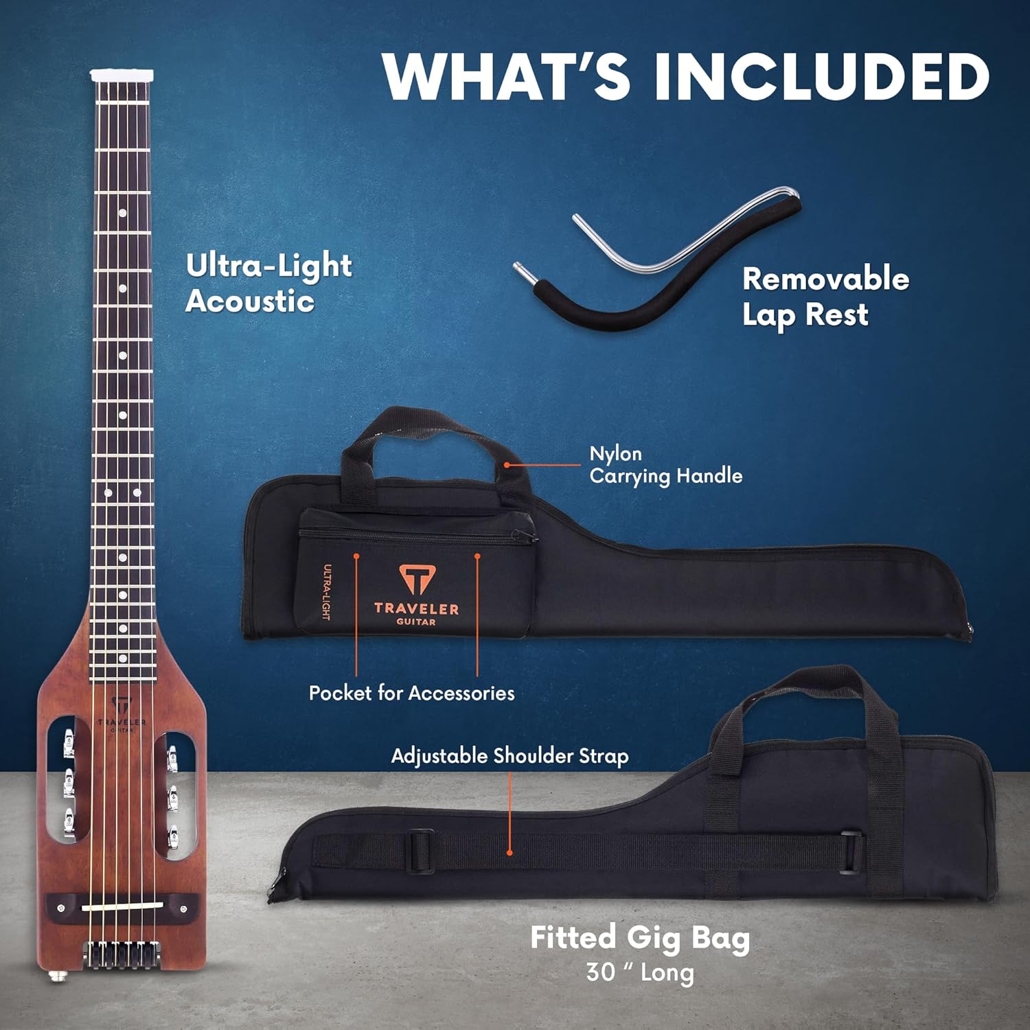 Itens incluídos na compra da guitarra Traveler Guitar ultraleve e capa com alça e bolso para acessórios.