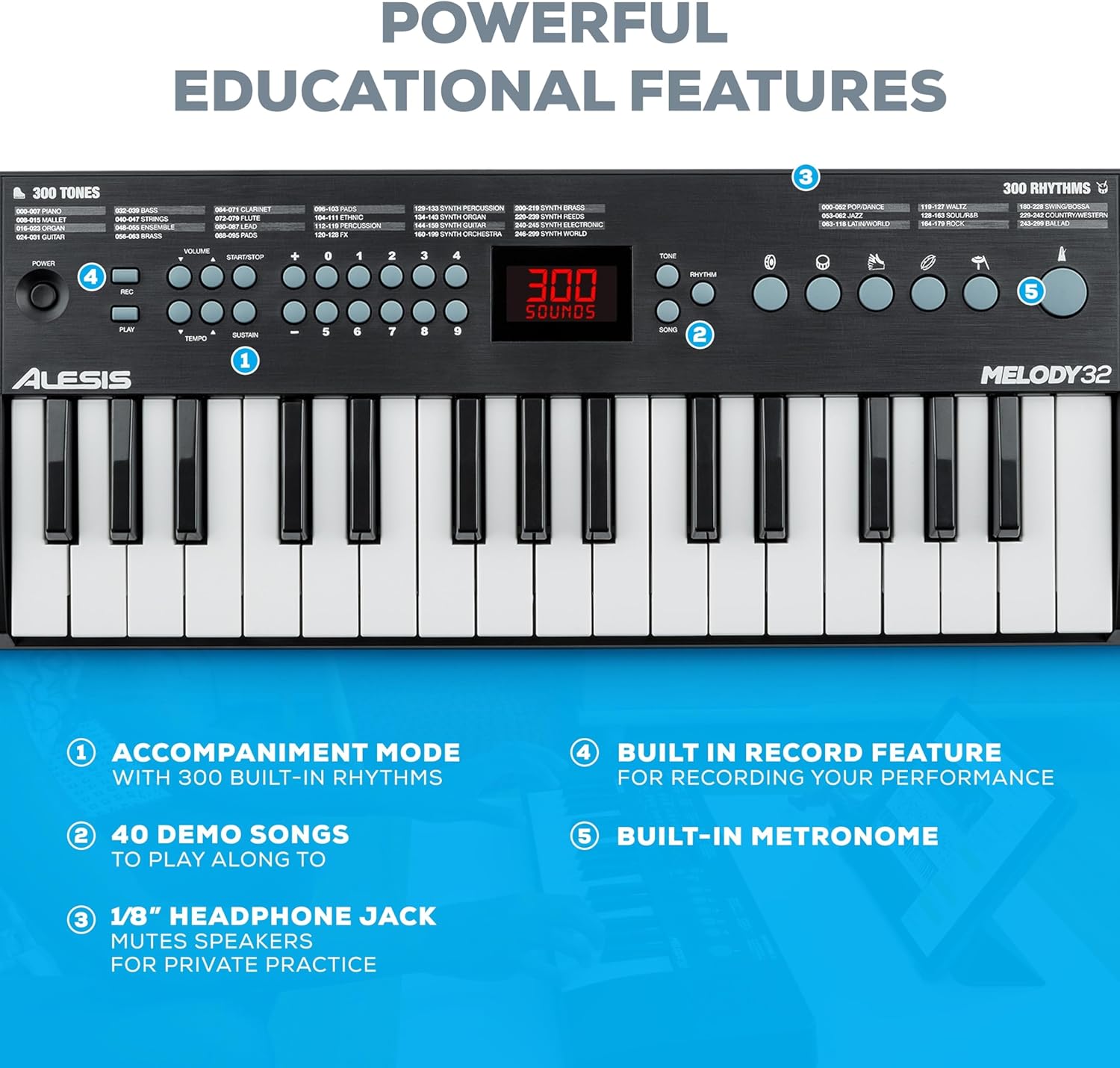Teclado Alesis Melody 32 com recursos educacionais como metrônomo, gravação e ritmos embutidos