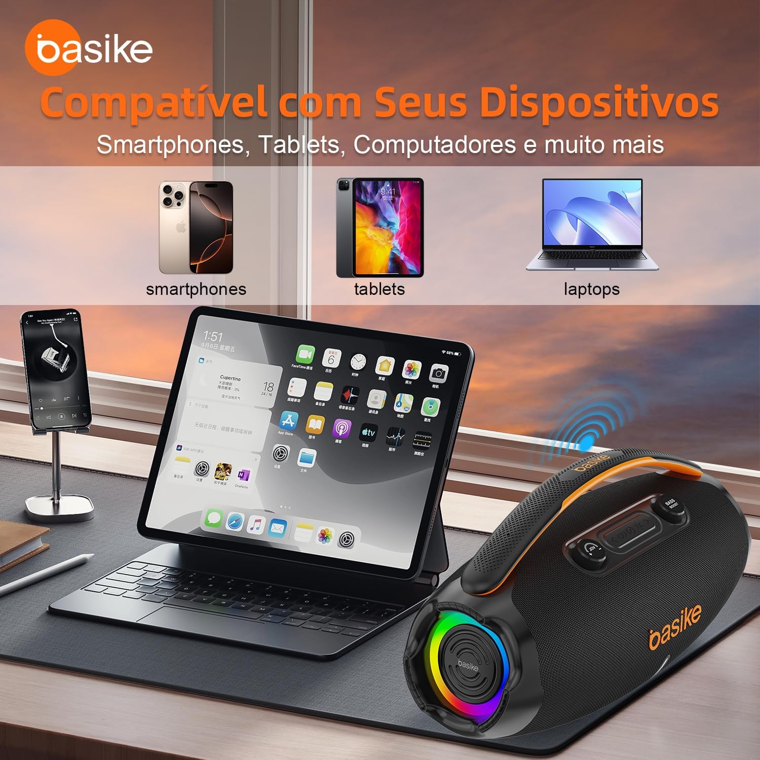Caixa de som Basike compatível com smartphones, tablets e laptops