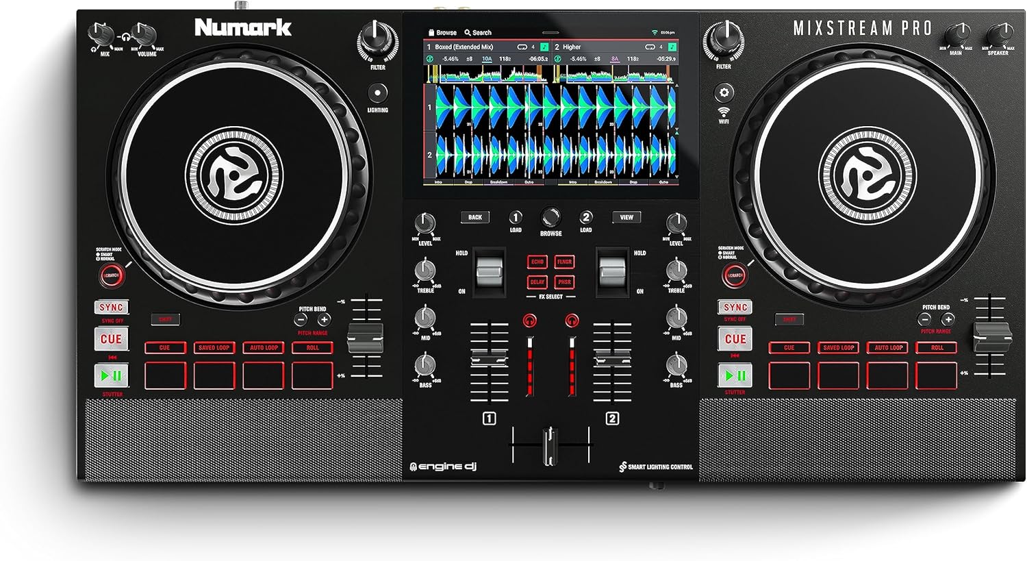 Numark Mixstream Pro controlador DJ autônomo preto com alto-falantes embutidos e tela colorida