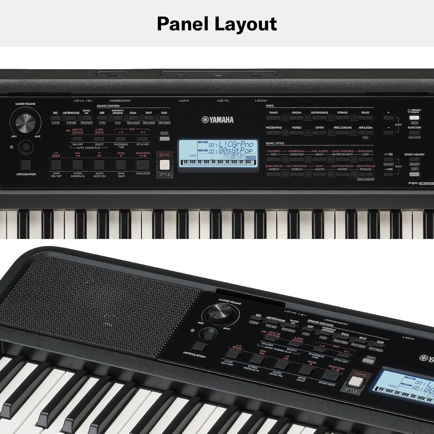 Layout do painel de controle do teclado Yamaha PSR-E383 com display e botões funcionais.