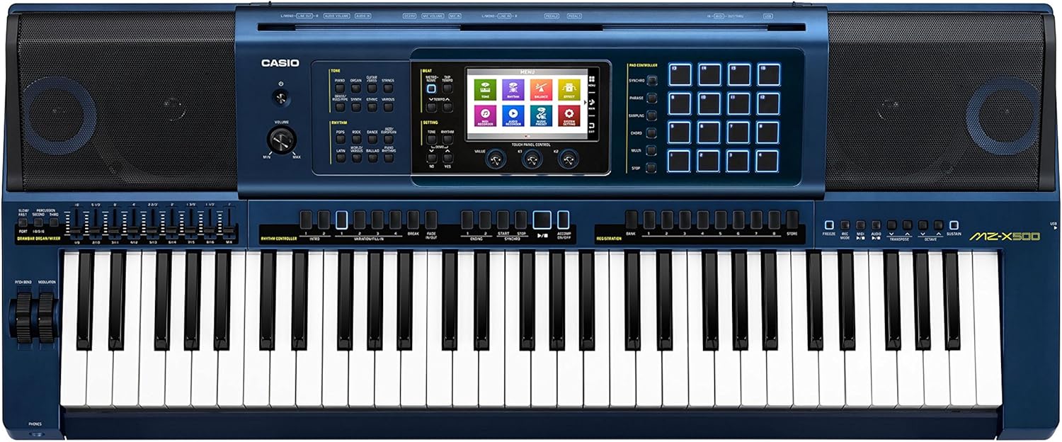 Teclado Casio MZ-X500 portátil azul escuro com 61 teclas e tela colorida