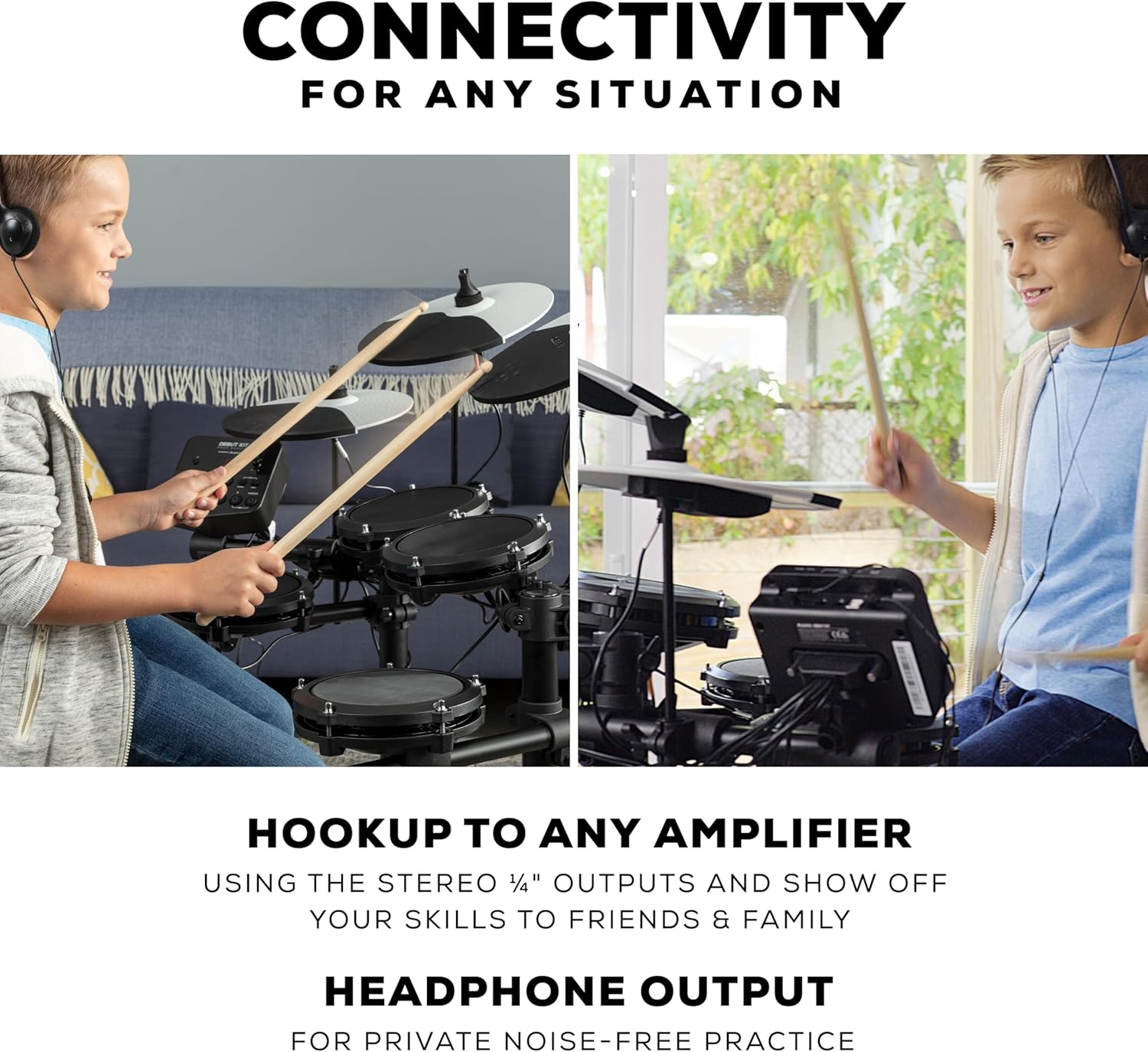 Conectividade da bateria eletrônica Alesis com amplificador e saída para fones de ouvido