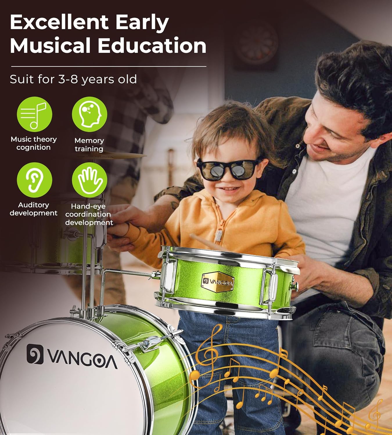 Criança com bateria verde Vangoa promovendo educação musical precoce para crianças de 3 a 8 anos