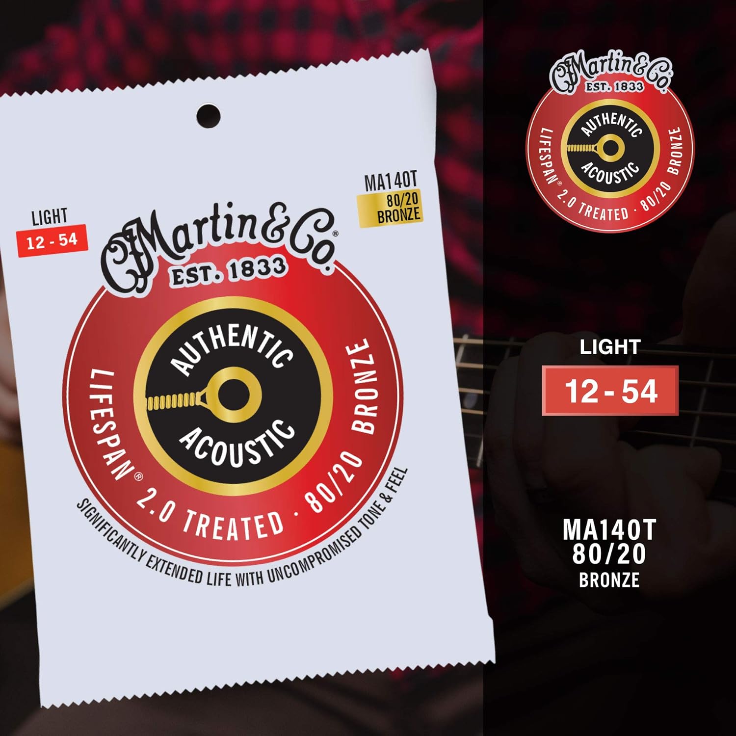 Promoção das cordas Martin MA140T com embalagem e mão tocando violão no fundo