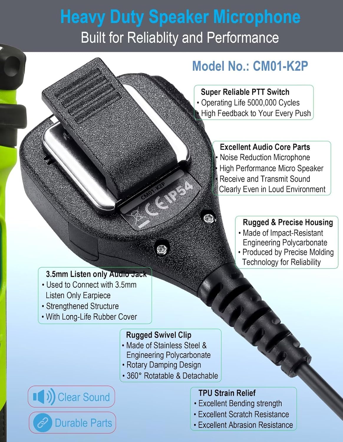 Microfone alto-falante resistente Commountain modelo CM01-K2P para rádios Kenwood e Baofeng