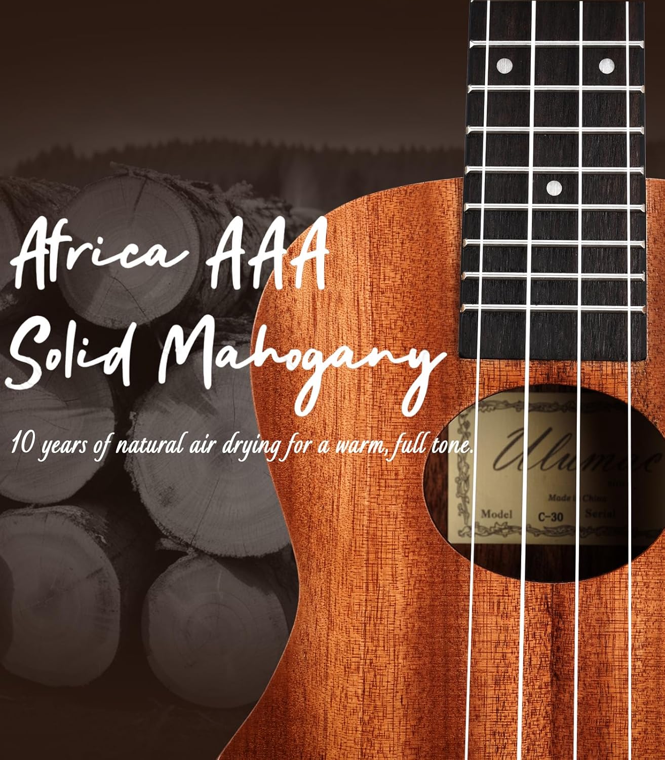 Ukulele Ulumac com madeira africana sólida AAA de mogno seca por 10 anos para tom quente e cheio