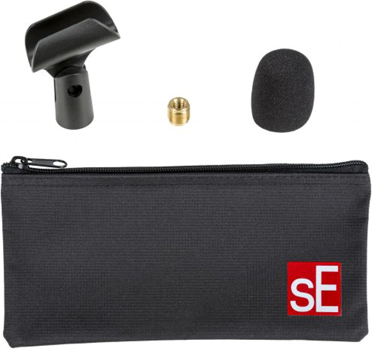 Acessórios do microfone SE ELECTRONICS V7 com estojo preto, clipe, adaptador e espuma antipop