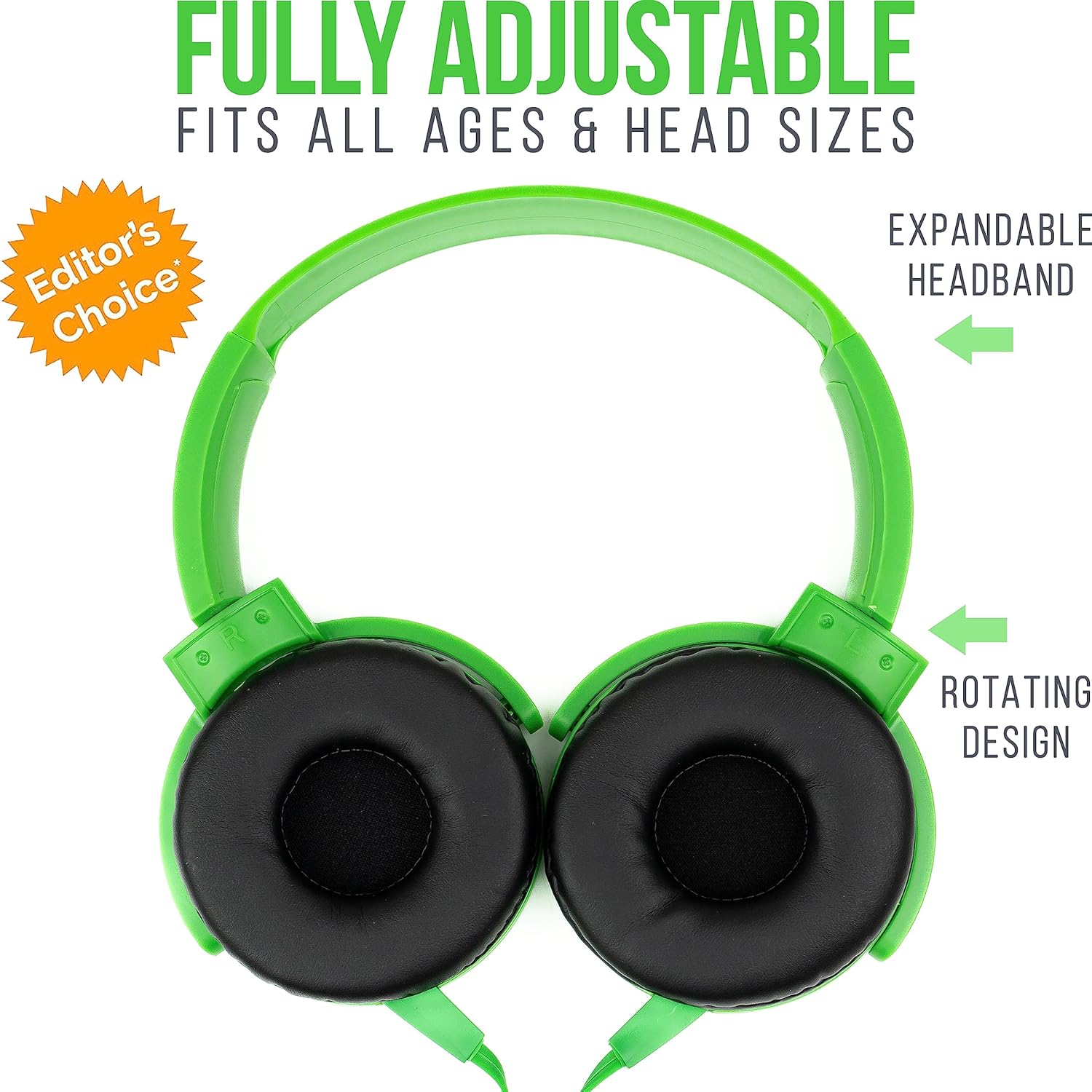 Fones de ouvido Barks verdes com design totalmente ajustável e aro expansível, adequados para todas as idades e tamanhos de cabeça.